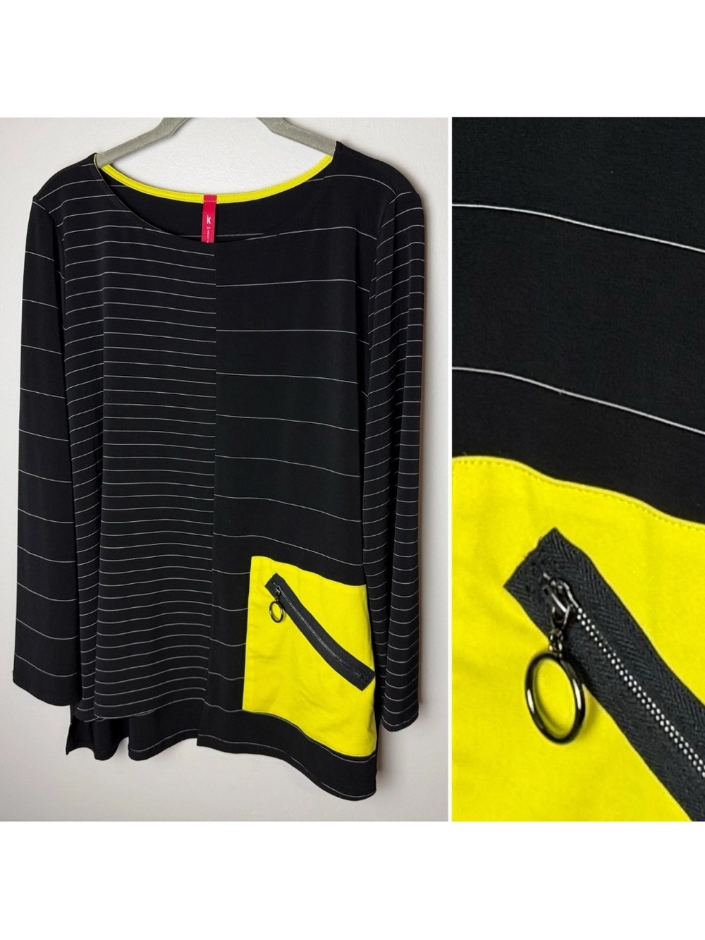IC by Connie K Tunic Top Size Large Black Striped Yellow Pocket Artsy Made USA